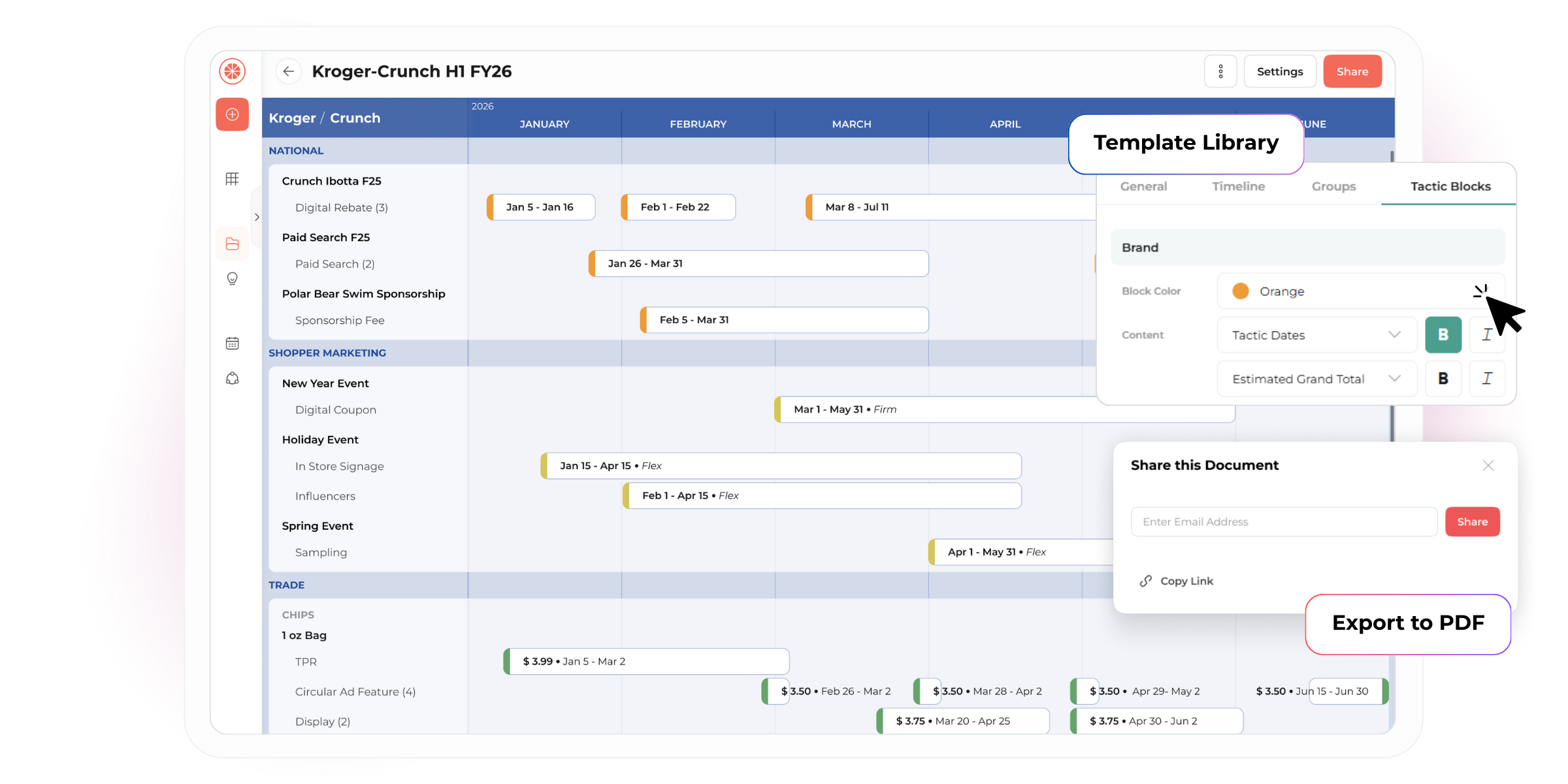 Planade marketing calendar software showing a marketing calendar view